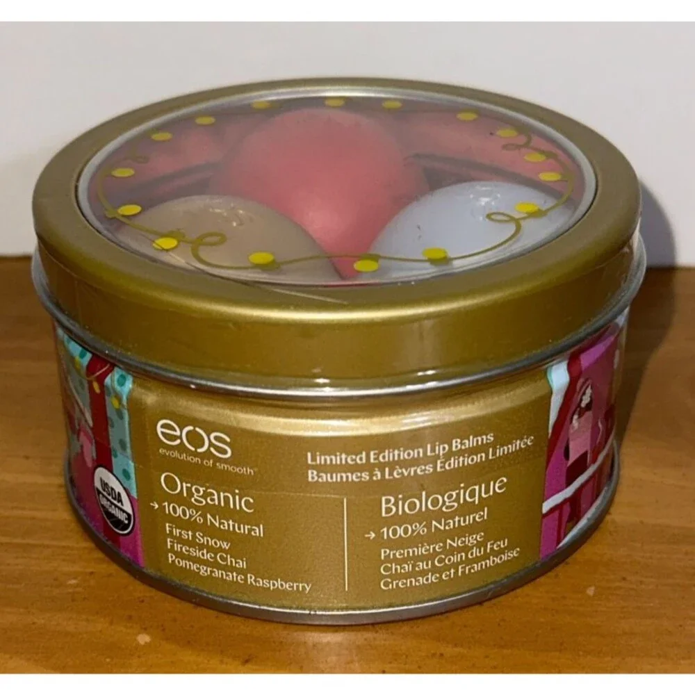 EOS Holiday Lip Balm Trio Tin Snow, Fireside Chai, Pomegranate LTD EDTN *SEALED